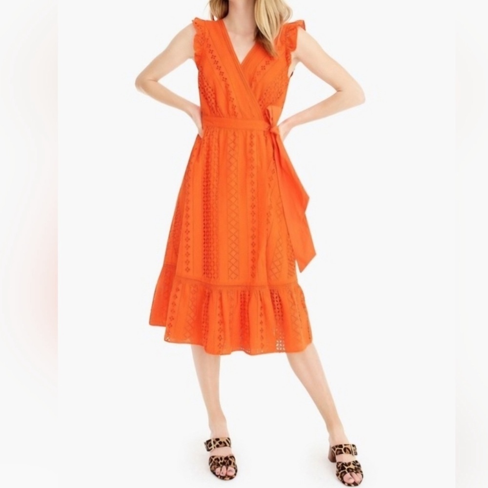 J. Crew All Over Eyelet Wrap Midi Orange Dress Size 00 NWT